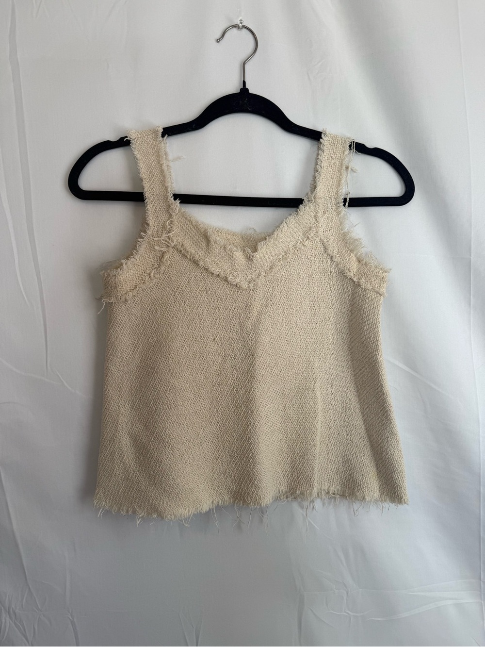 Boho Raw Hem Textured Cream Tank Top Women's Small Sleeveless Cottagecore